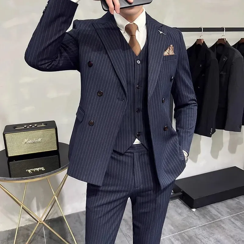 Aidase Fashion New Men's Boutique Business Slim Wedding Striped Double Breasted Suit Blazers Jacket Pants Trousers Vest 3 Pcs Set