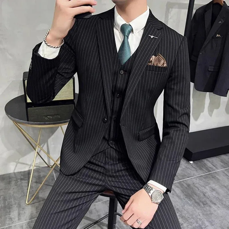 Aidase Fashion New Men's Boutique Business Slim Wedding Striped Double Breasted Suit Blazers Jacket Pants Trousers Vest 3 Pcs Set