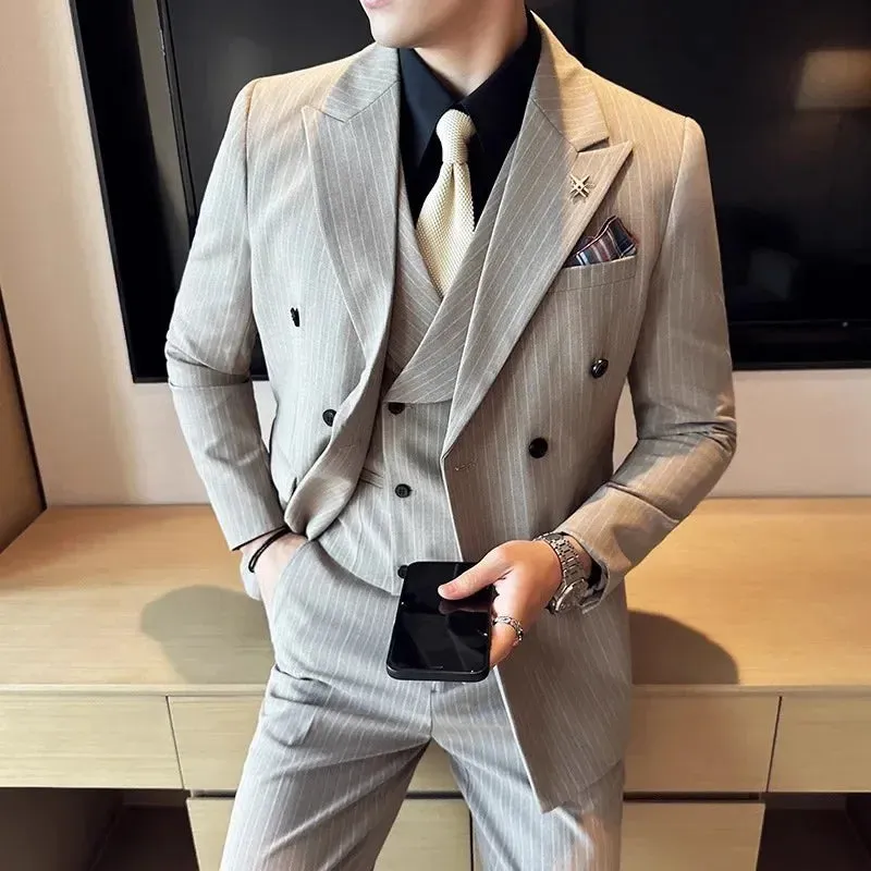 Aidase Fashion New Men's Boutique Business Slim Wedding Striped Double Breasted Suit Blazers Jacket Pants Trousers Vest 3 Pcs Set