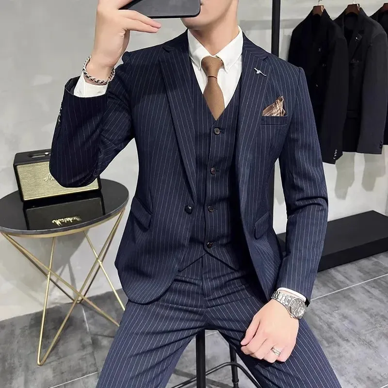 Aidase Fashion New Men's Boutique Business Slim Wedding Striped Double Breasted Suit Blazers Jacket Pants Trousers Vest 3 Pcs Set