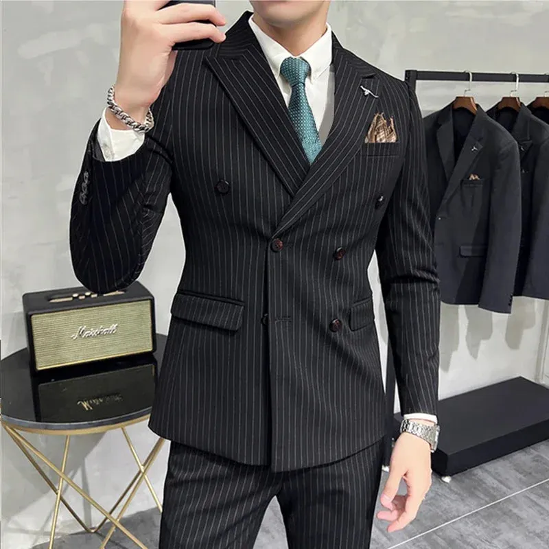 Aidase Fashion New Men's Boutique Business Slim Wedding Striped Double Breasted Suit Blazers Jacket Pants Trousers Vest 3 Pcs Set