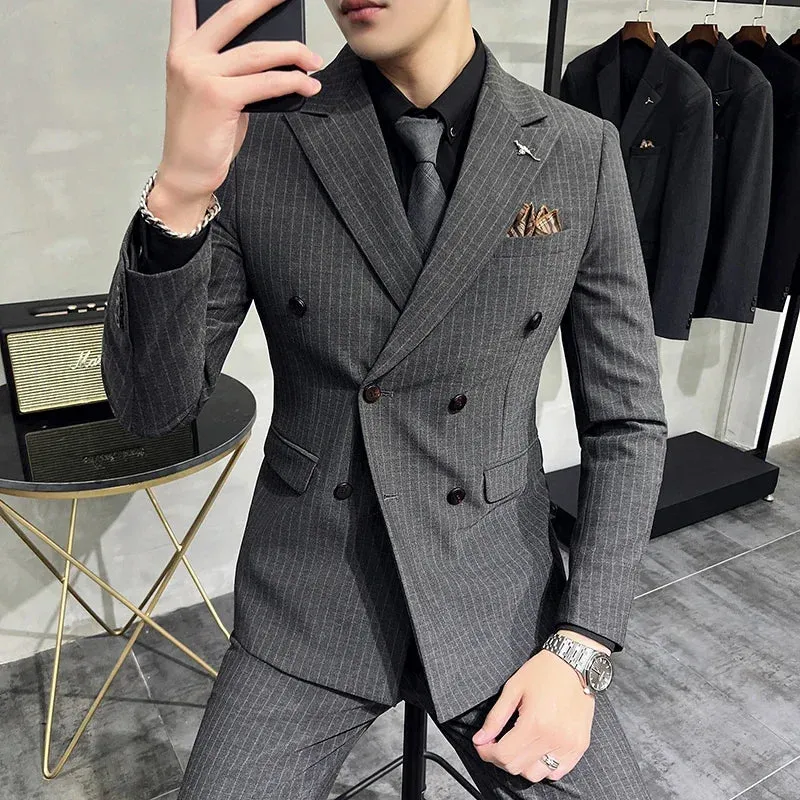 Aidase Fashion New Men's Boutique Business Slim Wedding Striped Double Breasted Suit Blazers Jacket Pants Trousers Vest 3 Pcs Set