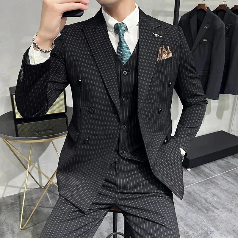 Aidase Fashion New Men's Boutique Business Slim Wedding Striped Double Breasted Suit Blazers Jacket Pants Trousers Vest 3 Pcs Set