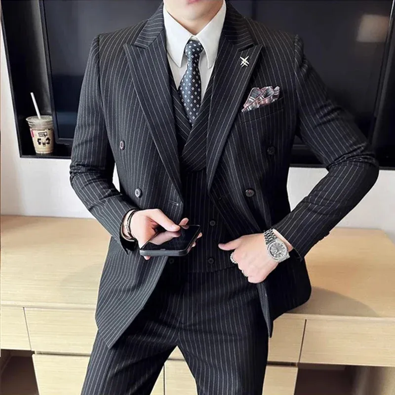 Aidase Fashion New Men's Boutique Business Slim Wedding Striped Double Breasted Suit Blazers Jacket Pants Trousers Vest 3 Pcs Set