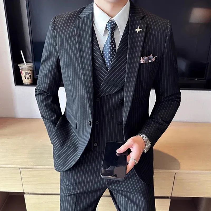 Aidase Fashion New Men's Boutique Business Slim Wedding Striped Double Breasted Suit Blazers Jacket Pants Trousers Vest 3 Pcs Set