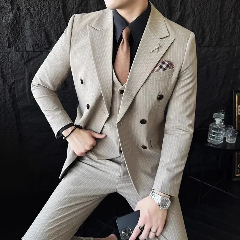 Aidase Fashion New Men's Boutique Business Slim Wedding Striped Double Breasted Suit Blazers Jacket Pants Trousers Vest 3 Pcs Set