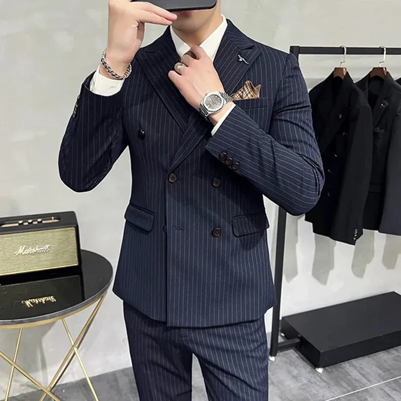 Aidase Fashion New Men's Boutique Business Slim Wedding Striped Double Breasted Suit Blazers Jacket Pants Trousers Vest 3 Pcs Set