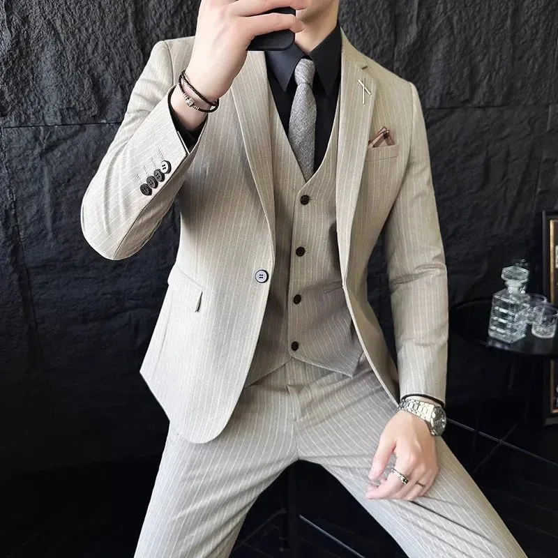 Aidase Fashion New Men's Boutique Business Slim Wedding Striped Double Breasted Suit Blazers Jacket Pants Trousers Vest 3 Pcs Set