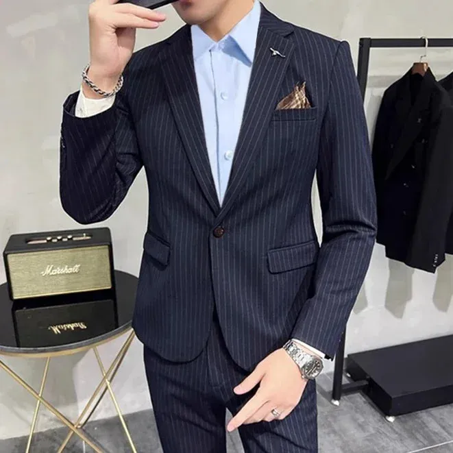 Aidase Fashion New Men's Boutique Business Slim Wedding Striped Double Breasted Suit Blazers Jacket Pants Trousers Vest 3 Pcs Set