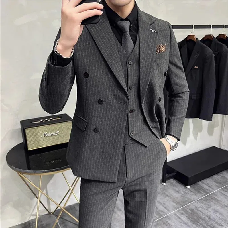 Aidase Fashion New Men's Boutique Business Slim Wedding Striped Double Breasted Suit Blazers Jacket Pants Trousers Vest 3 Pcs Set