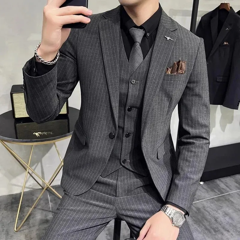 Aidase Fashion New Men's Boutique Business Slim Wedding Striped Double Breasted Suit Blazers Jacket Pants Trousers Vest 3 Pcs Set