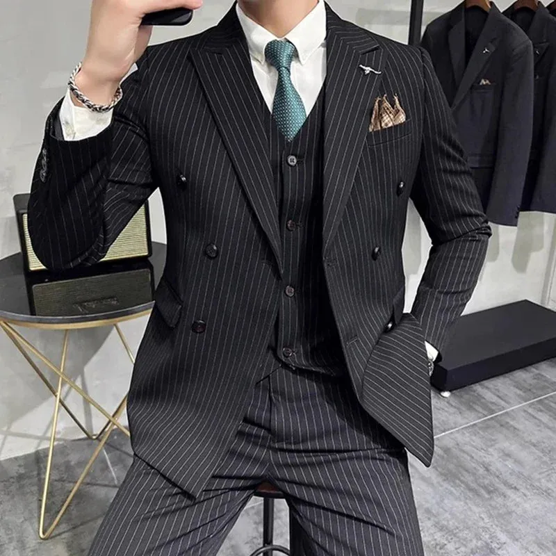 Aidase Fashion New Men's Boutique Business Slim Wedding Striped Double Breasted Suit Blazers Jacket Pants Trousers Vest 3 Pcs Set