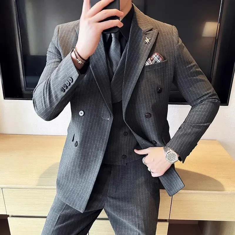 Aidase Fashion New Men's Boutique Business Slim Wedding Striped Double Breasted Suit Blazers Jacket Pants Trousers Vest 3 Pcs Set