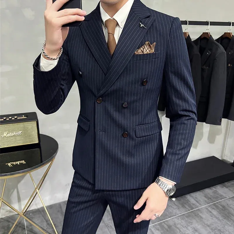 Aidase Fashion New Men's Boutique Business Slim Wedding Striped Double Breasted Suit Blazers Jacket Pants Trousers Vest 3 Pcs Set