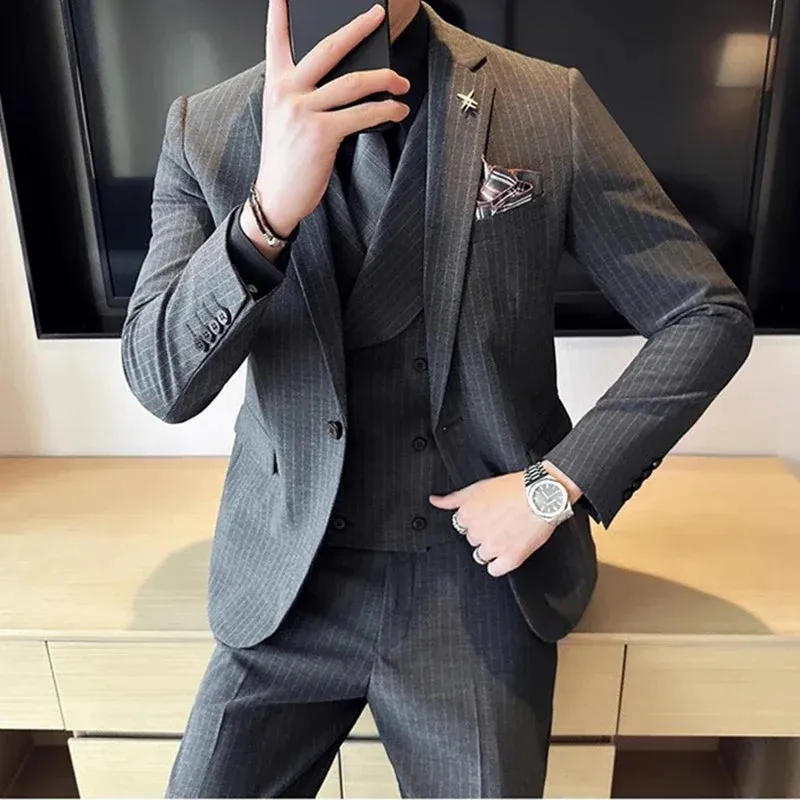 Aidase Fashion New Men's Boutique Business Slim Wedding Striped Double Breasted Suit Blazers Jacket Pants Trousers Vest 3 Pcs Set