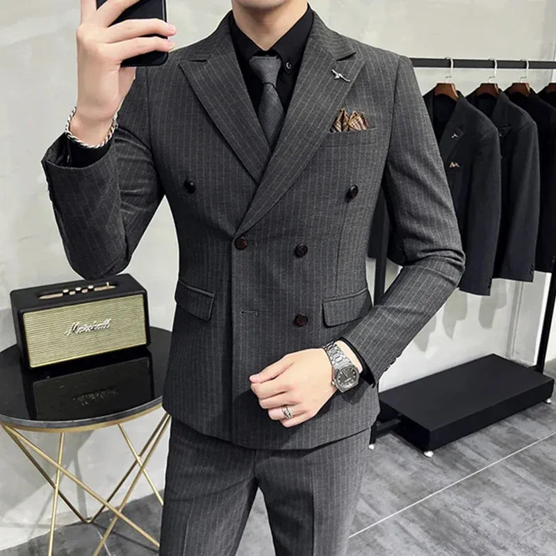 Aidase Fashion New Men's Boutique Business Slim Wedding Striped Double Breasted Suit Blazers Jacket Pants Trousers Vest 3 Pcs Set