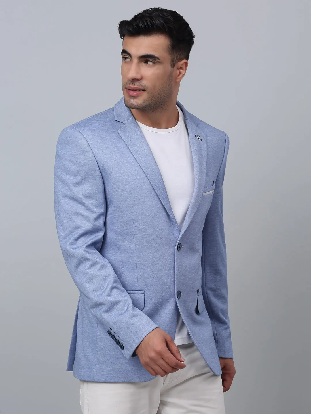 Blue Solid Plain Full Sleeves Casual Blazer For Men