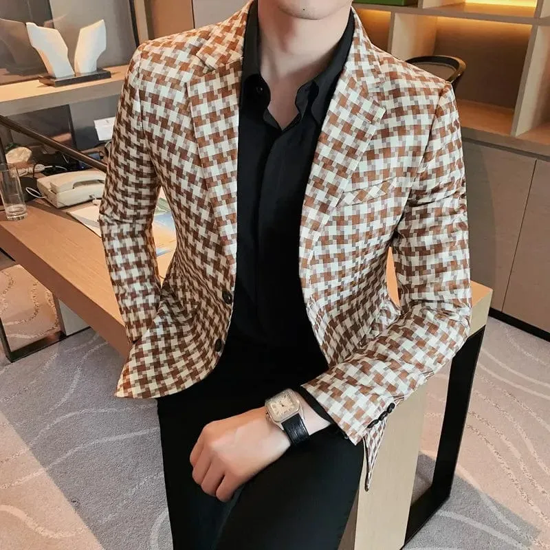 British Style Men's Smart Casual Slim Fit Plaid Blazer Suit Jacket