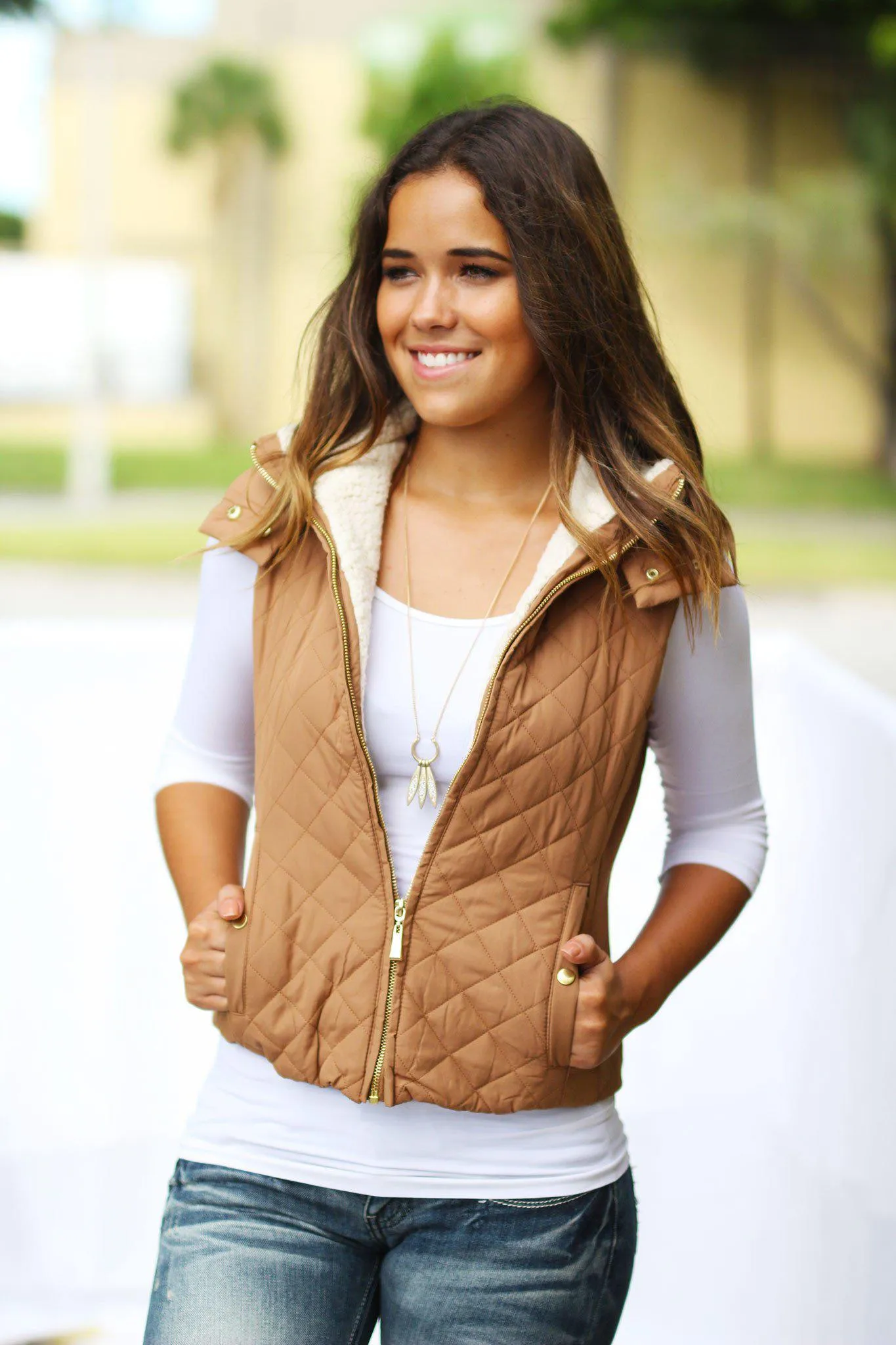 Camel Quilted Vest with Hood