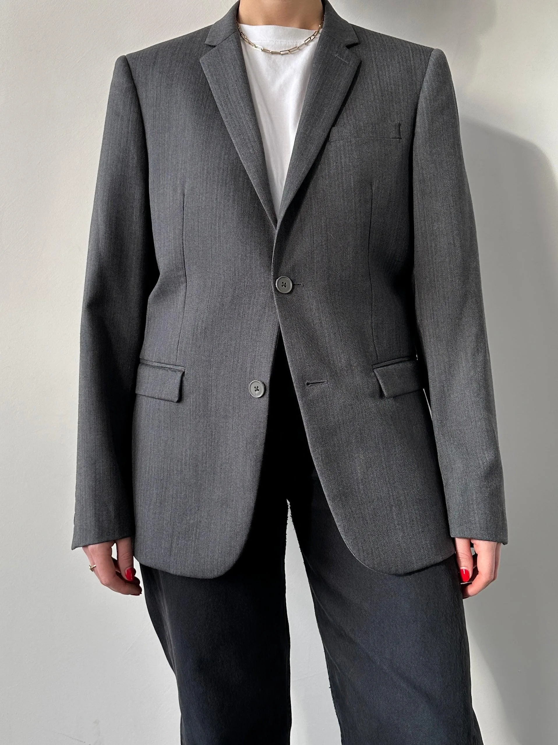 DKNY Herringbone Single Breasted Wool Blazer