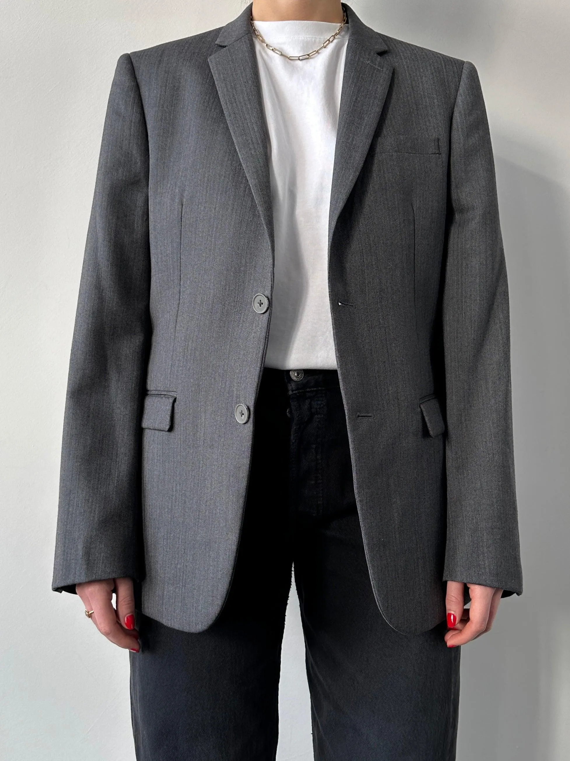 DKNY Herringbone Single Breasted Wool Blazer