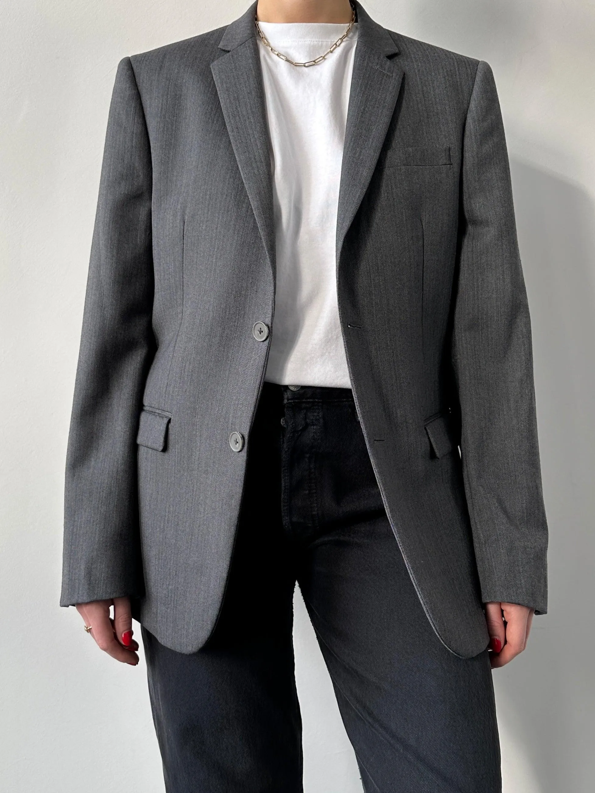 DKNY Herringbone Single Breasted Wool Blazer