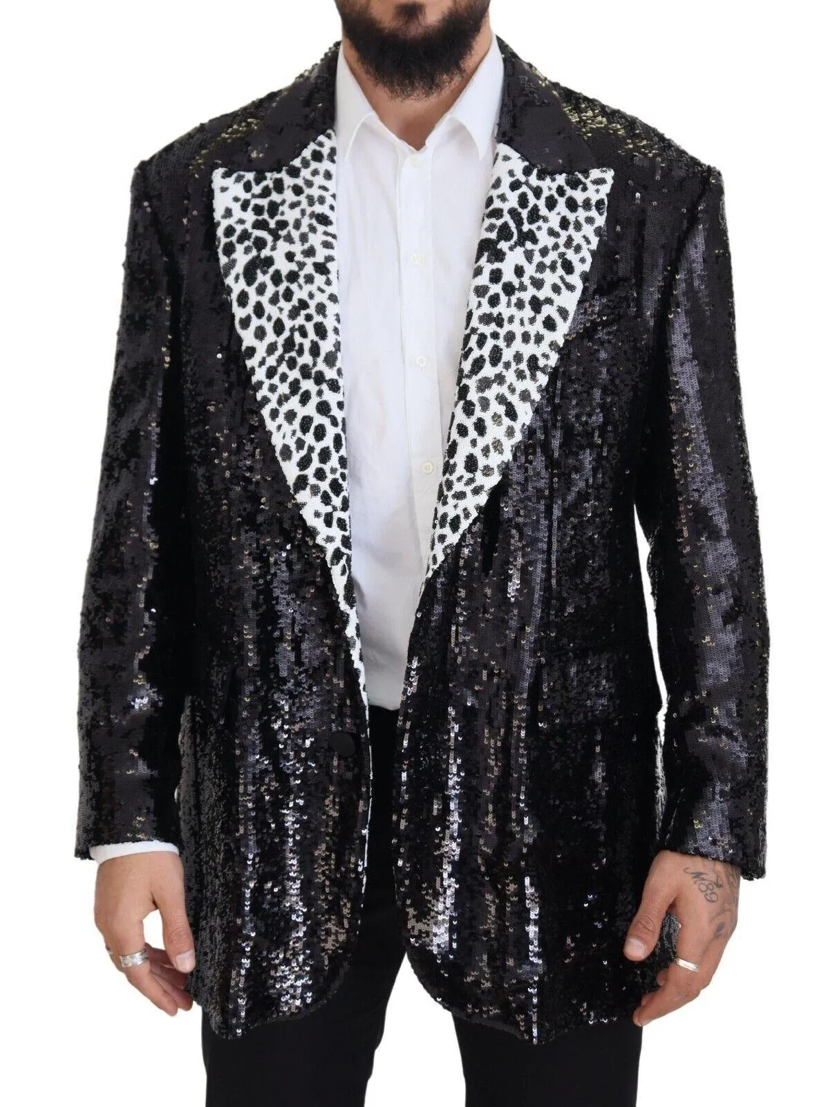 Dolce & Gabbana Black Sequined Cow Pattern Nylon Blazer