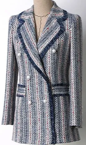 Double-Breasted Fringed Tweed Blazer