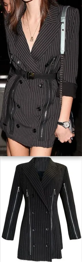 Double-Breasted Pinstripe Zip Blazer