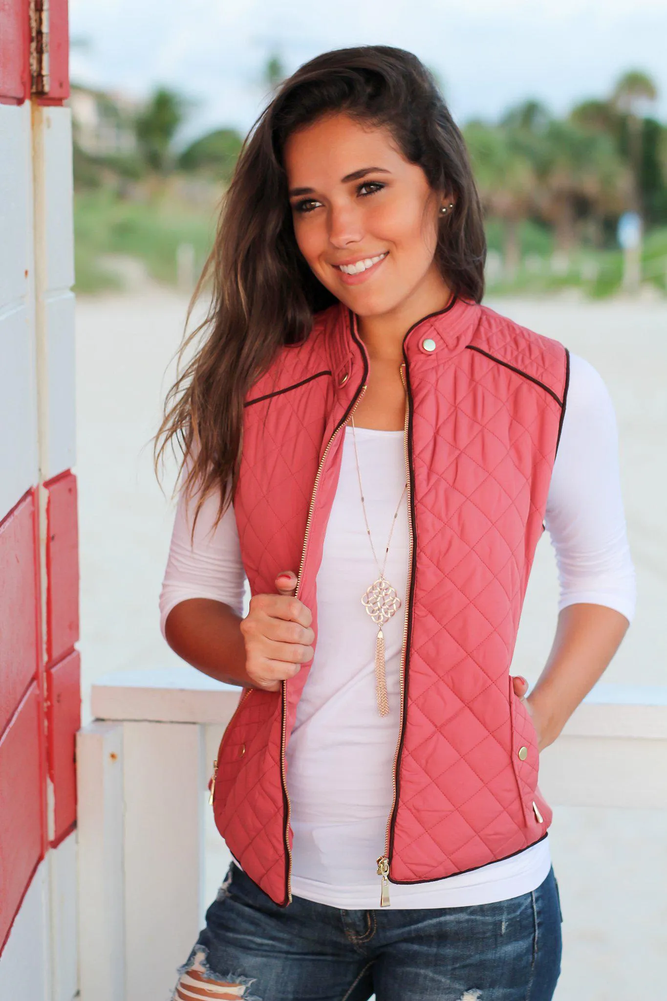 Dusty Pink Quilted Vest With Pockets