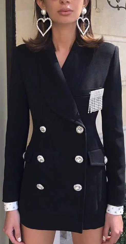 Embellished Double-Breasted Blazer, Black