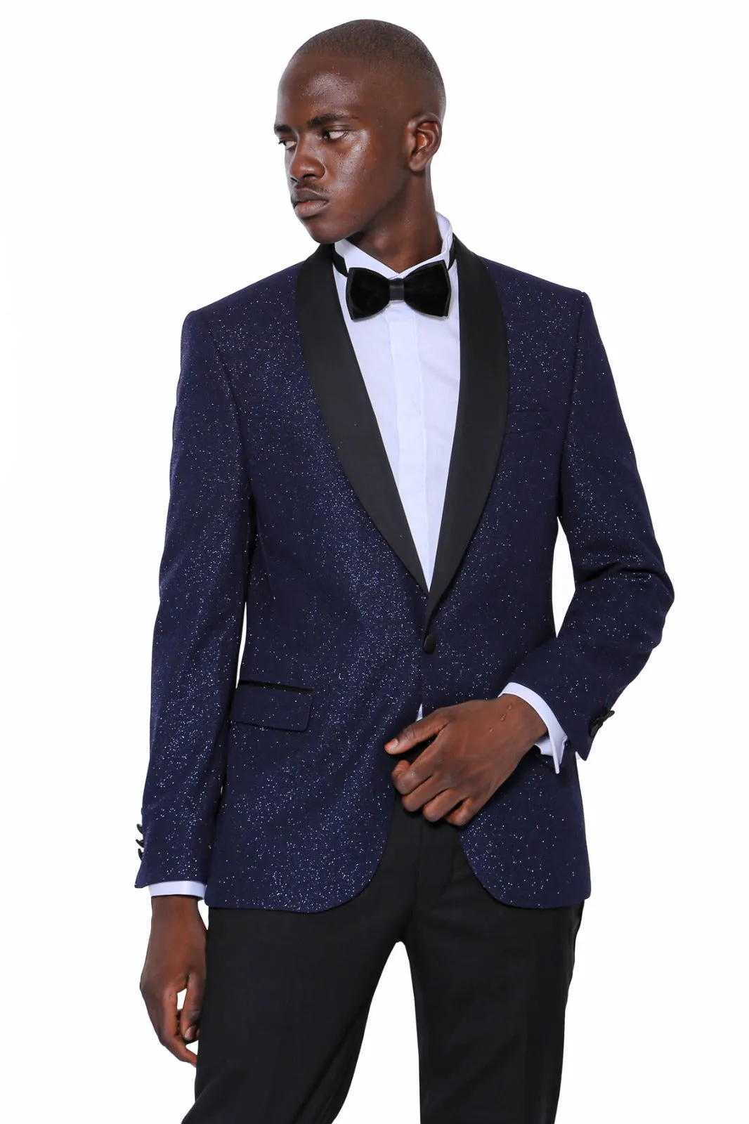 Fancy Custom Made Navy  Regular Fit Jacket With Black Lapel