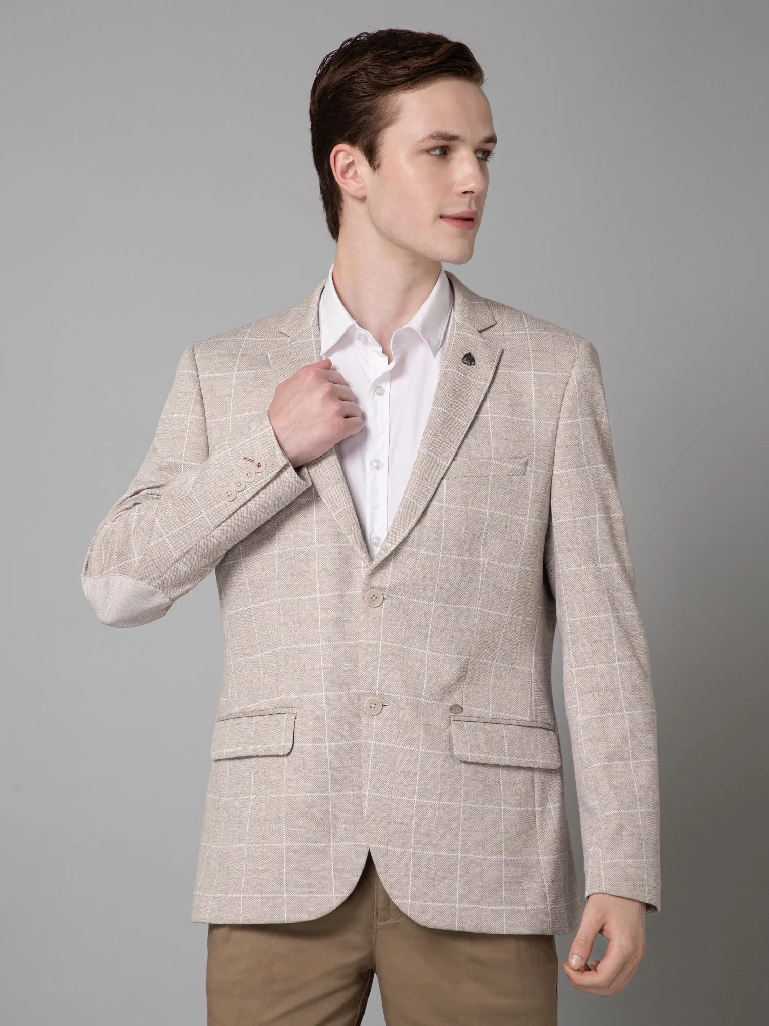 Fawn Checkered Full Sleeves Casual Blazer For Men