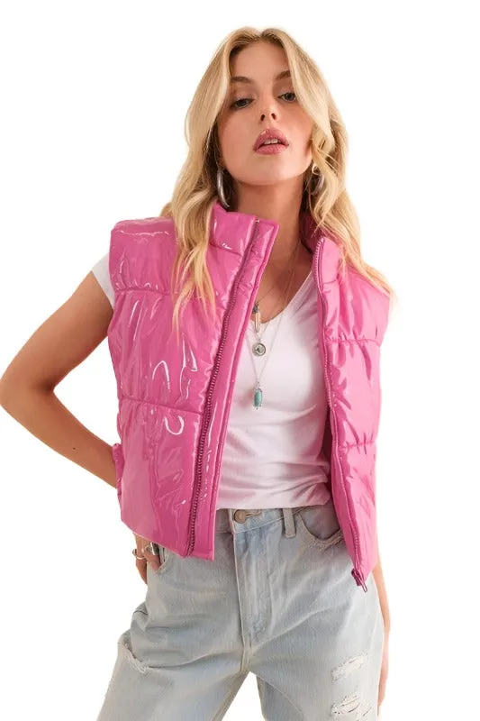 Gloss Shiny Pu Quilted Puffer Zip Up Crop Vest