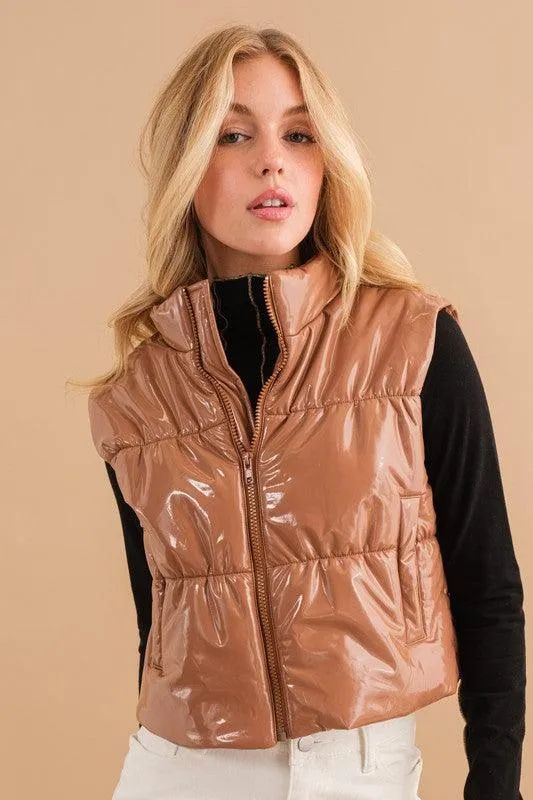 Gloss Shiny Pu Quilted Puffer Zip Up Crop Vest