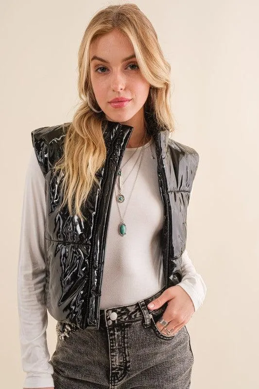 Gloss Shiny Pu Quilted Puffer Zip Up Crop Vest