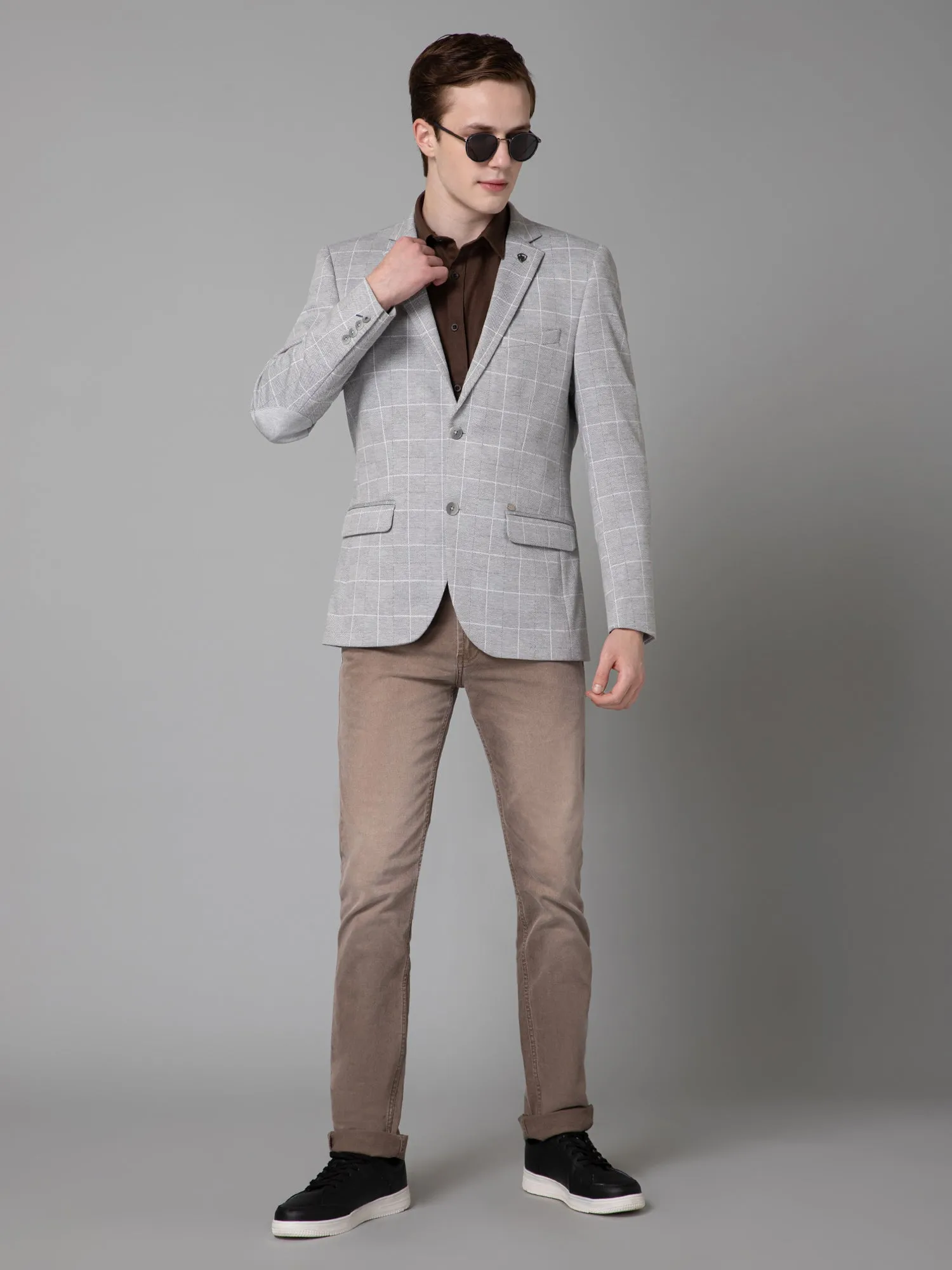 Grey Checkered Full Sleeves Casual Blazer For Men