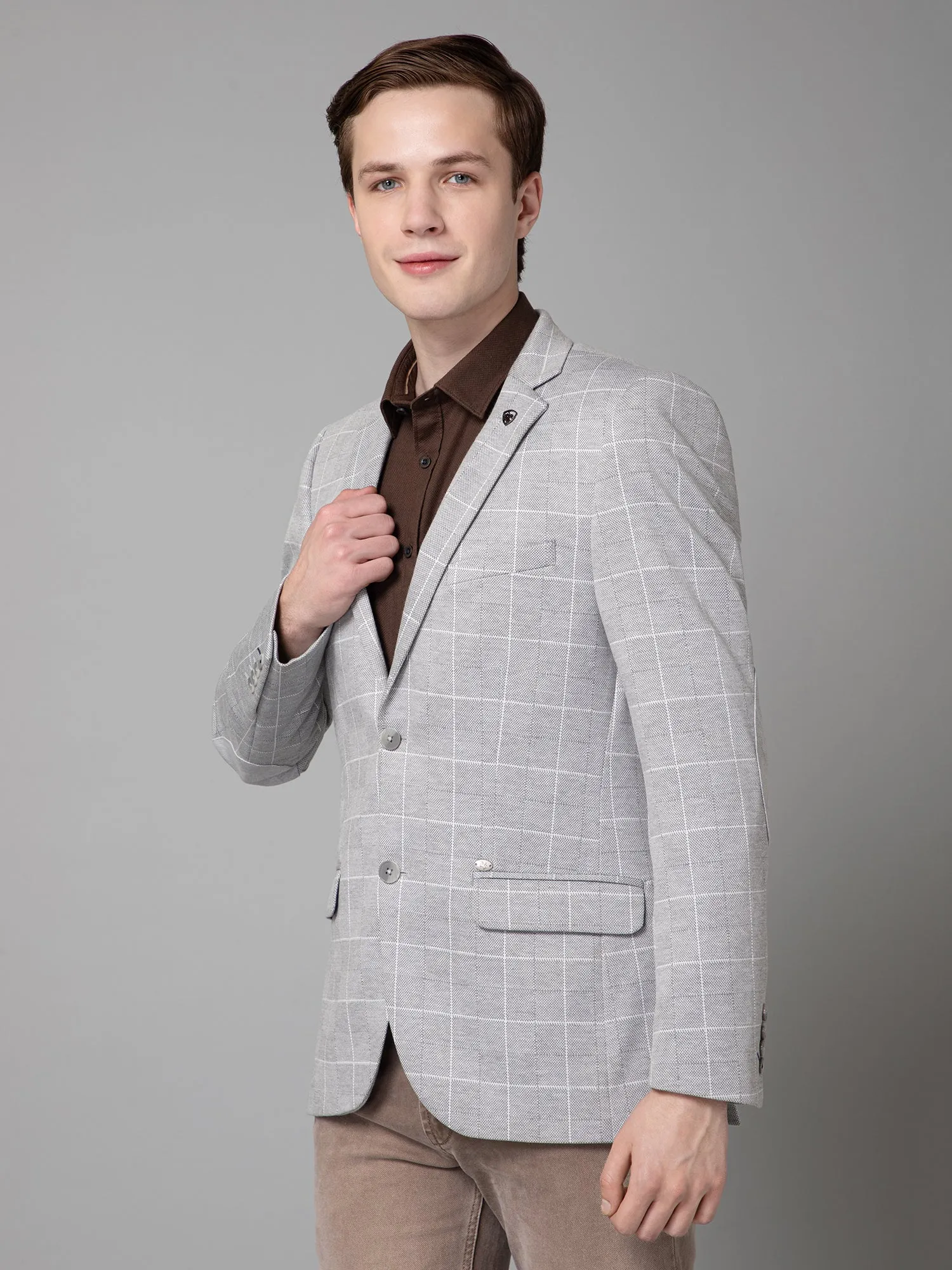 Grey Checkered Full Sleeves Casual Blazer For Men