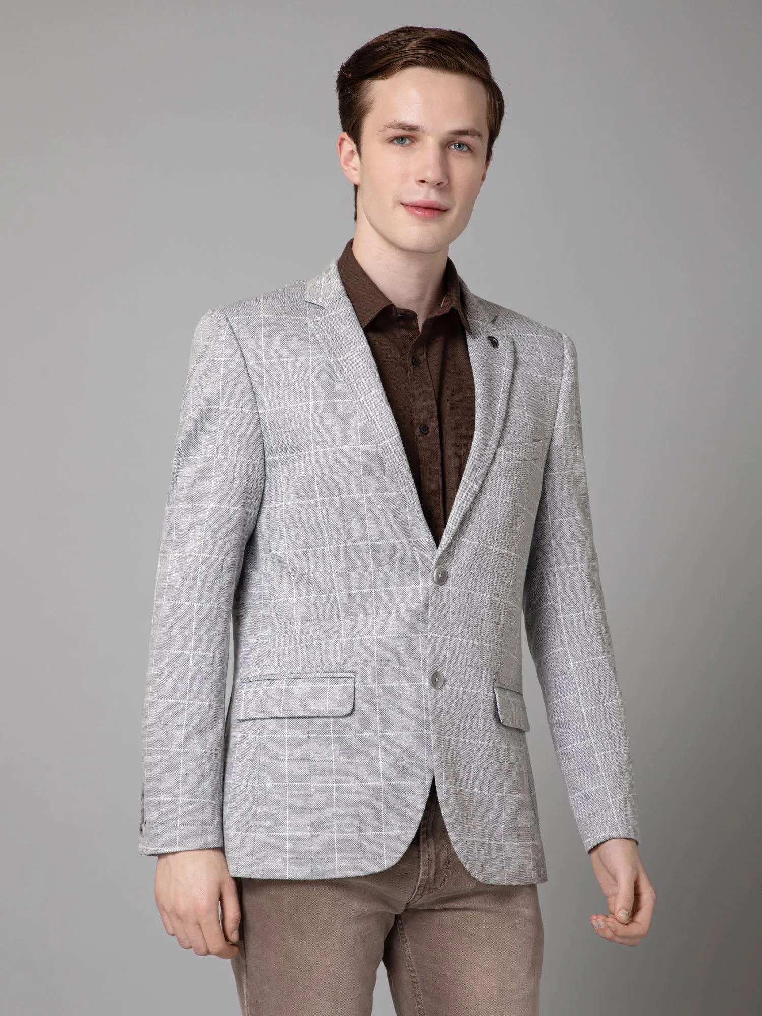 Grey Checkered Full Sleeves Casual Blazer For Men