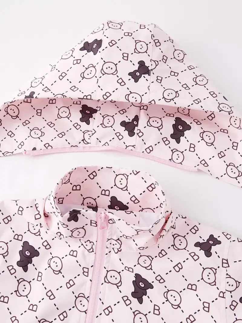 Kids Girls' Detachable Hood Rain Jacket With Cartoon Bear Print