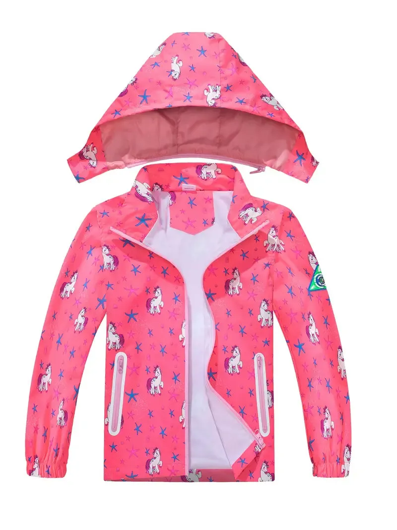 Kids Girls' Detachable Hood Rain Jacket With Cartoon Bear Print