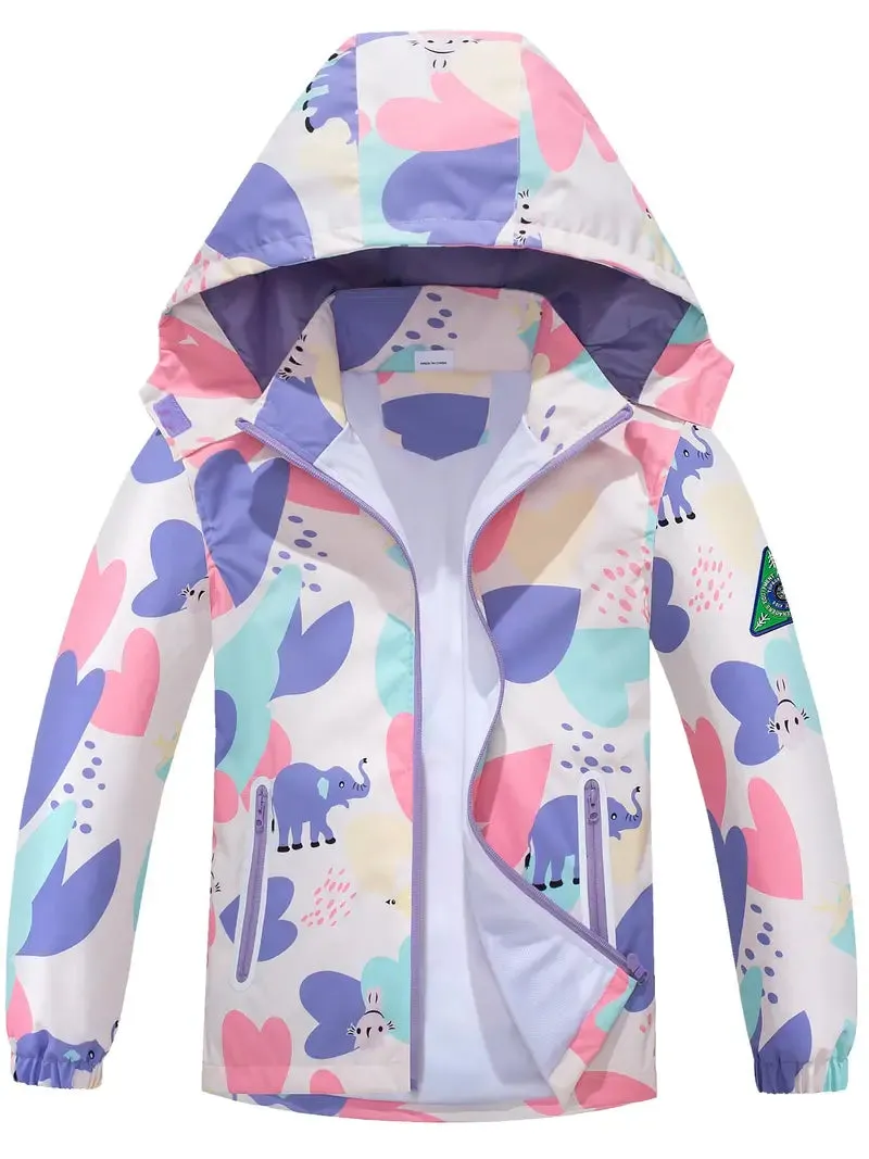 Kids Girls' Detachable Hood Rain Jacket With Cartoon Bear Print