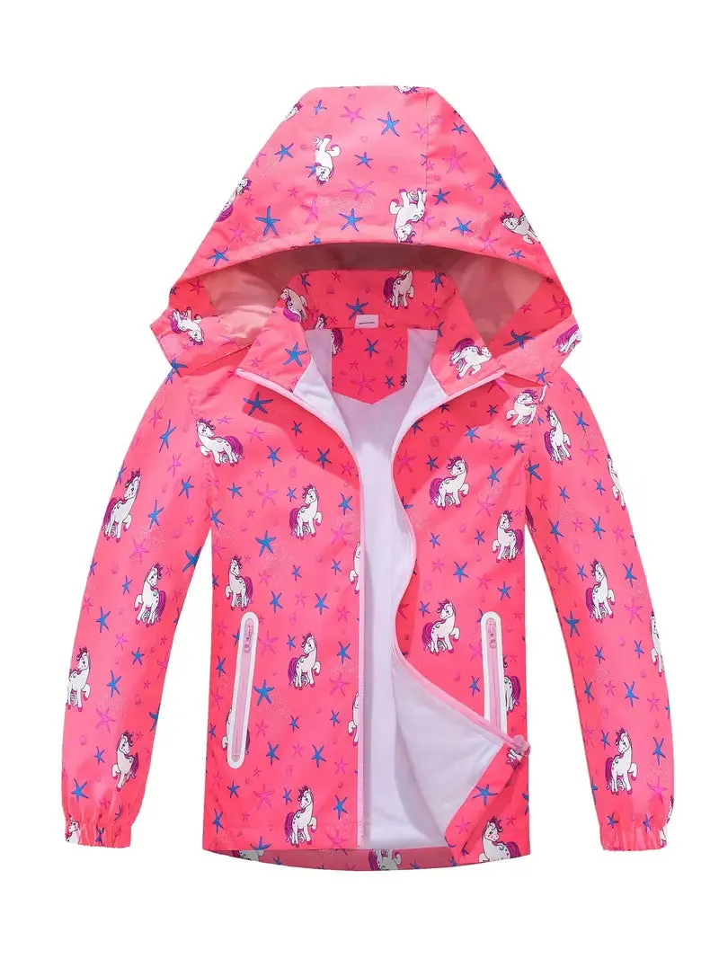 Kids Girls' Detachable Hood Rain Jacket With Cartoon Bear Print