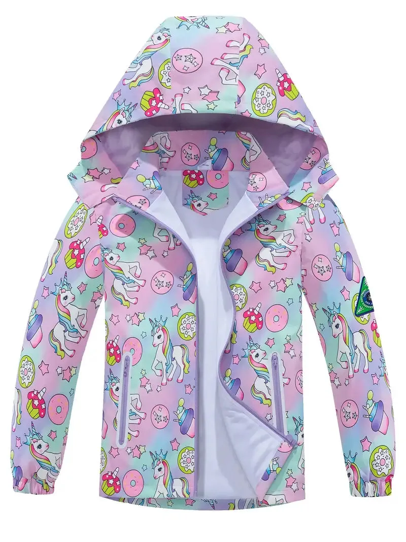 Kids Girls' Detachable Hood Rain Jacket With Cartoon Bear Print