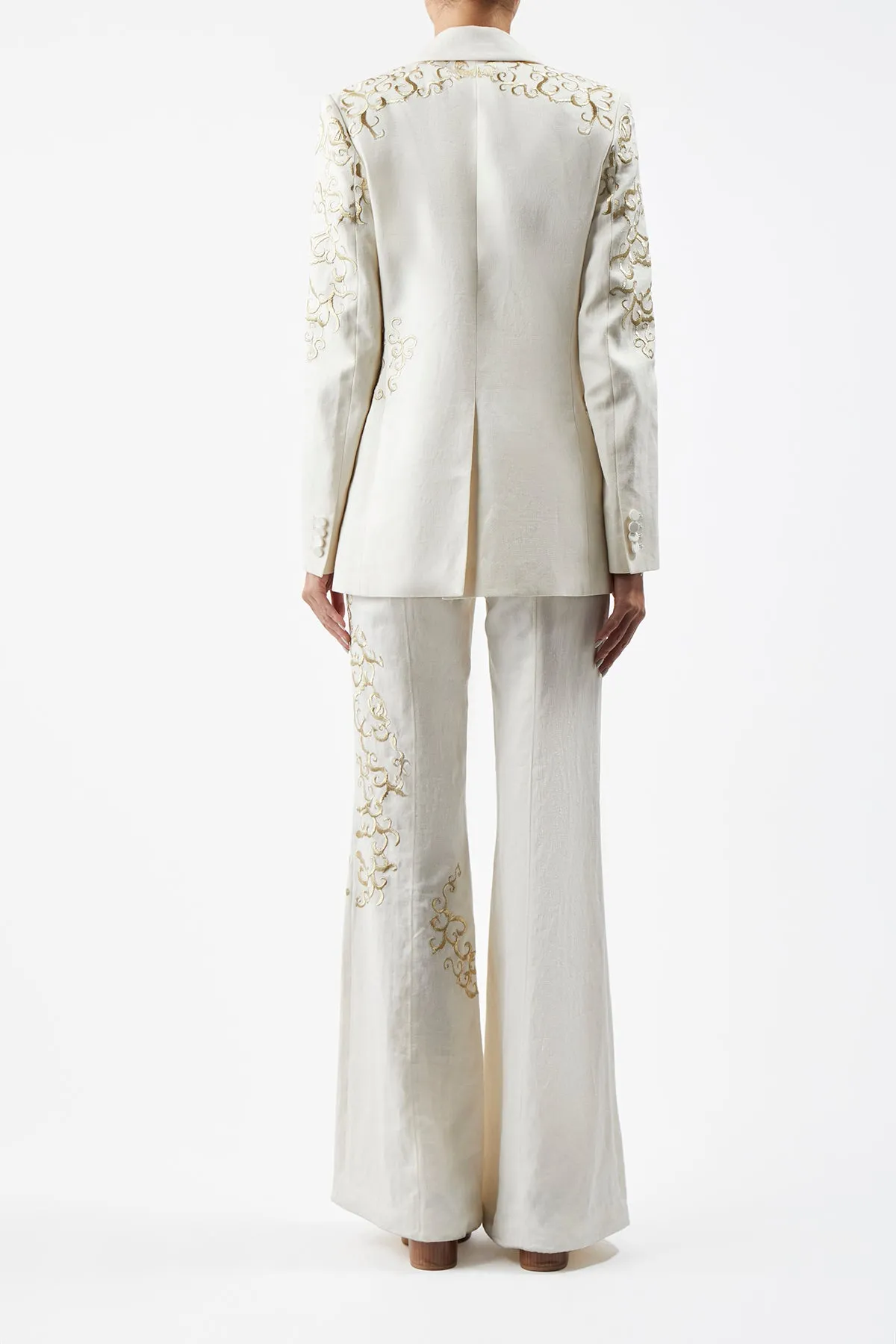 Leiva Embroidered Blazer in Ivory Textured Linen