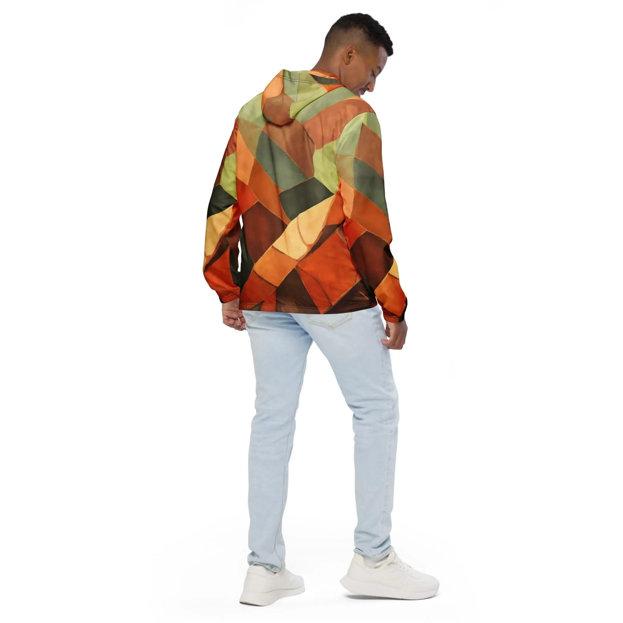 Men's Abstract Rustic Red Hooded Windbreaker Jacket