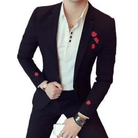 Men's Blazer Floral Embroidered Men's Blazer Black