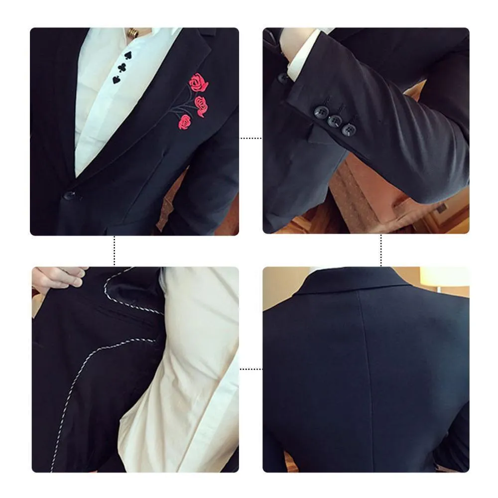 Men's Blazer Floral Embroidered Men's Blazer Black