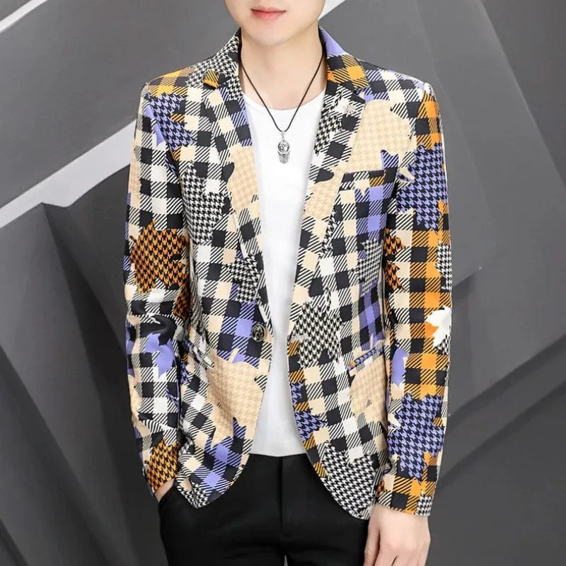 Men's Plaid Patchwork Blazer Suit Jacket High Quality Smart Casual Streetwear