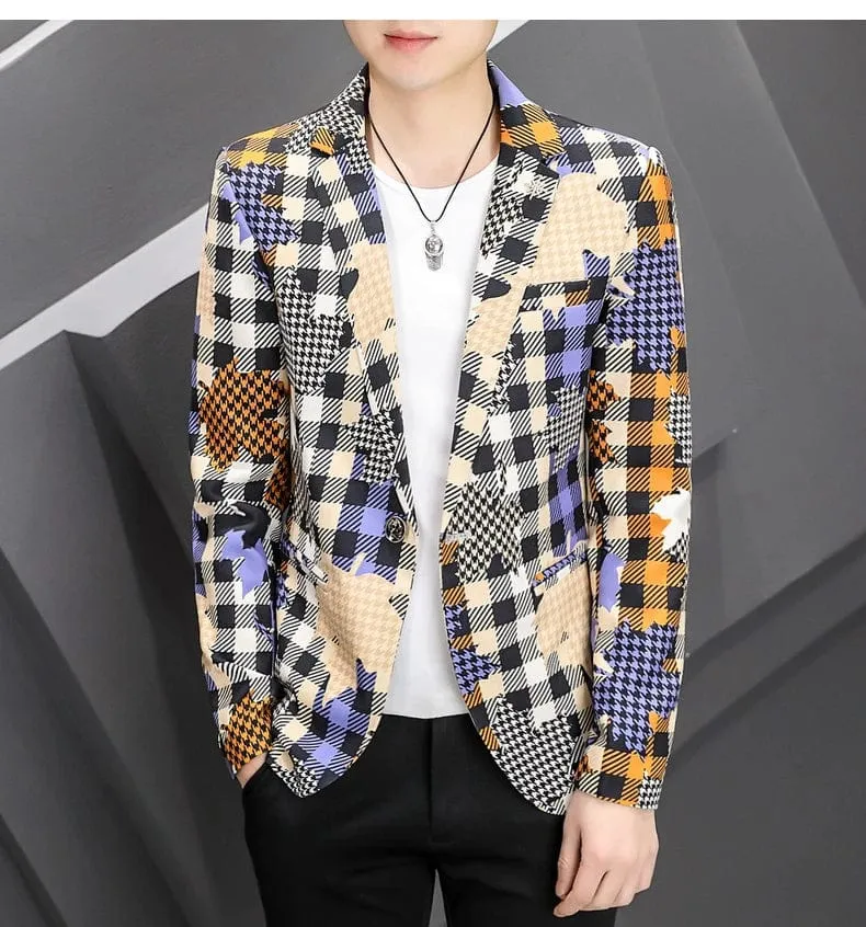 Men's Plaid Patchwork Blazer Suit Jacket High Quality Smart Casual Streetwear